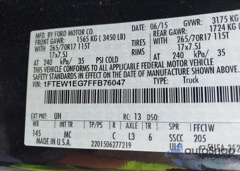 2015 Ford F-150 Xlt from USA, damaged, VIN 1FTEW1EG7FFB76047